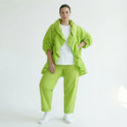 Cadrelli Damen Zweiteiler Neon-Limette – Jacke & Hose aus Viskose, EU 38/48, Oversize, Lagenlook, Made in Turkey