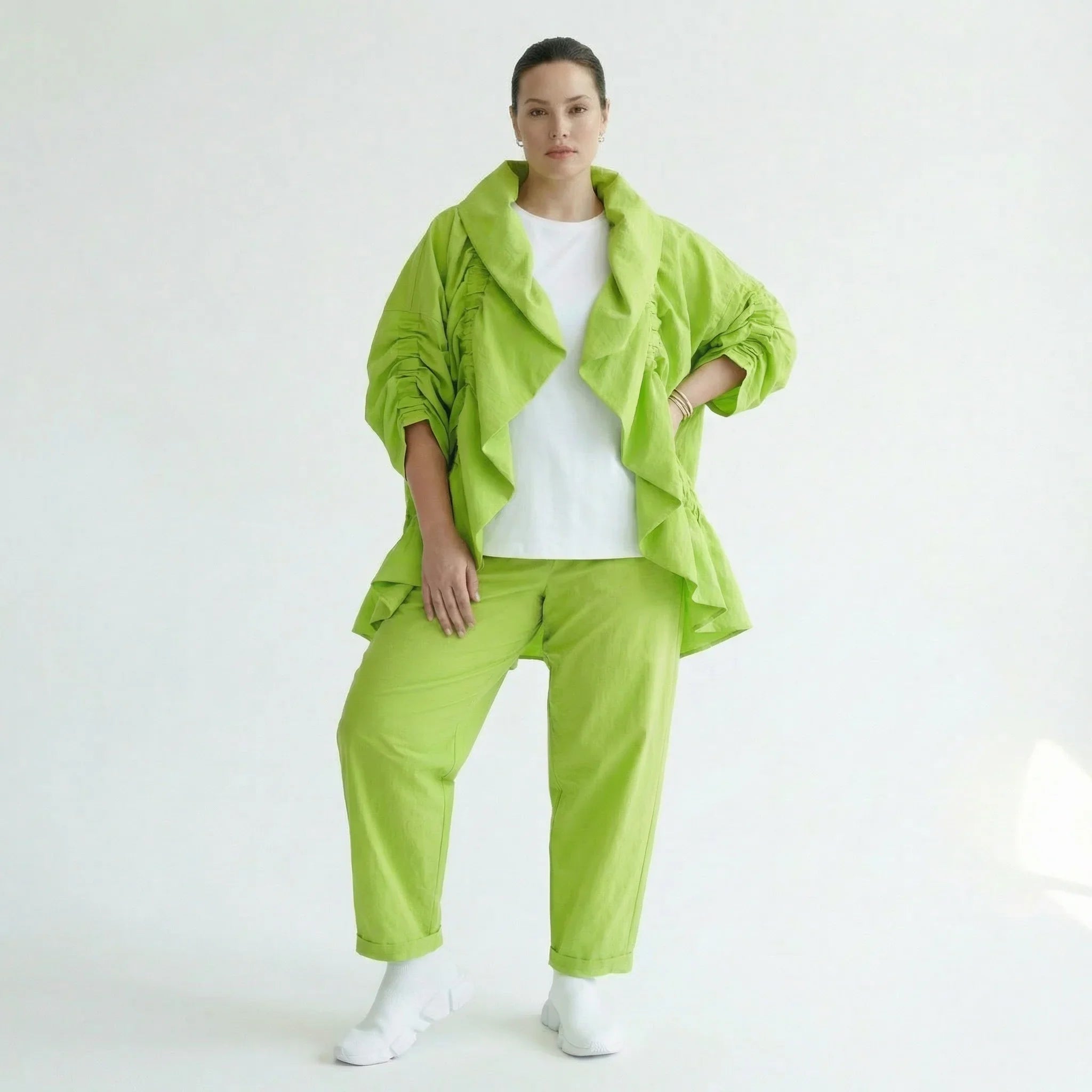 Cadrelli Damen Zweiteiler Neon-Limette – Jacke & Hose aus Viskose, EU 38/48, Oversize, Lagenlook, Made in Turkey