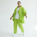 Cadrelli Damen Zweiteiler Neon-Limette – Jacke & Hose aus Viskose, EU 38/48, Oversize, Lagenlook, Made in Turkey