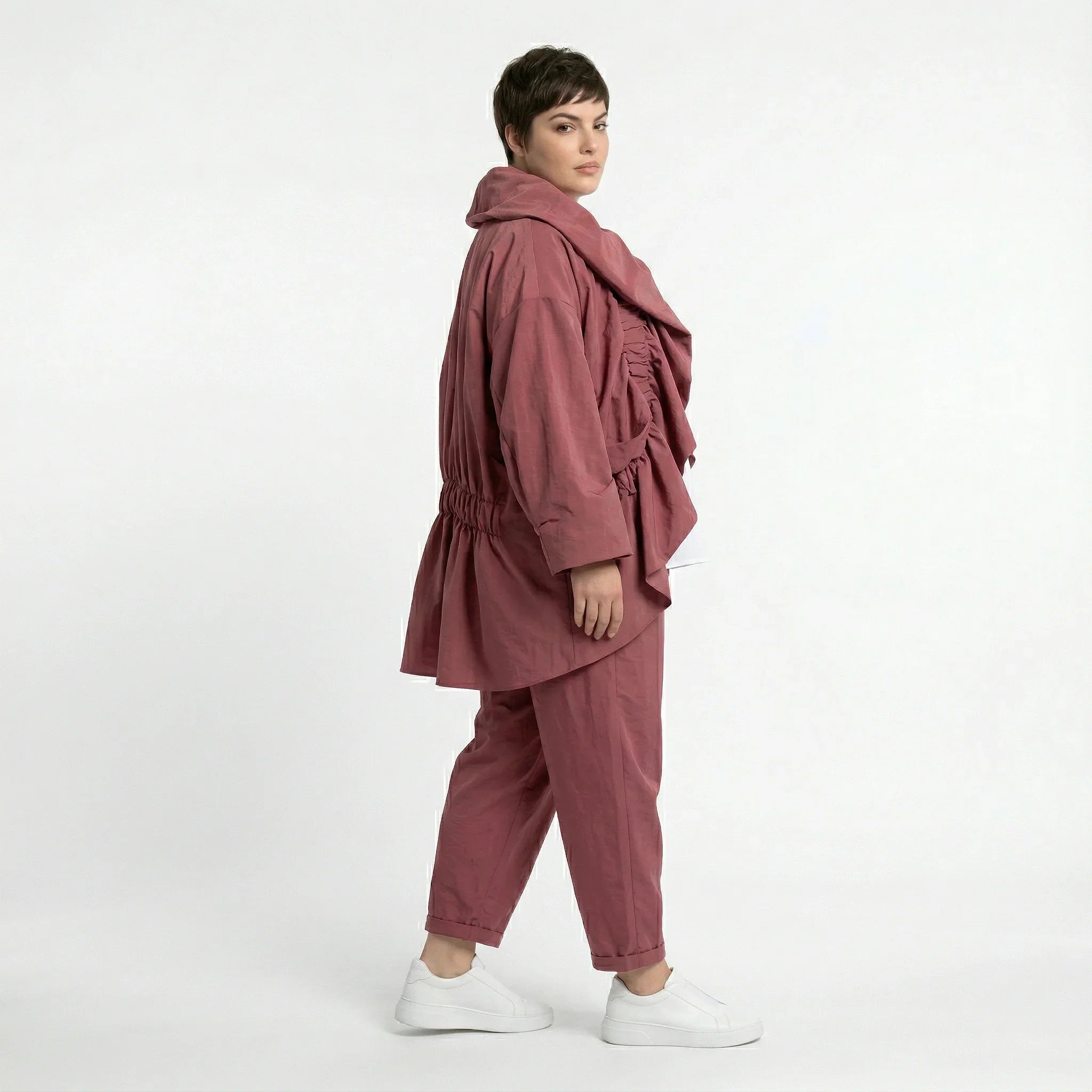 Cadrelli Damen Zweiteiler Rosébraun – Oversize Jacke & Hose, Viskose, Made in Turkey, EU 38/48, Lagenlook, Avantgarde-Outfit