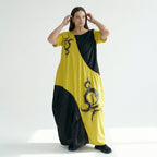 Oversize Maxikleid in Sonnengelb Schwarz mit Pinselstrichprint asymmetrisch aus Jersey