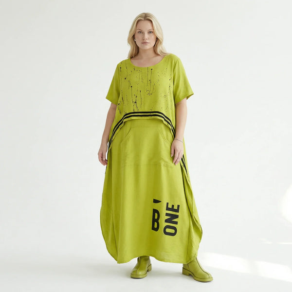 Avantgarde Kleid Damen B-ONE Neon Chartreuse Schwarz Print Baumwolle Oversized EU 40 bis 50 Maxikleid Statement
