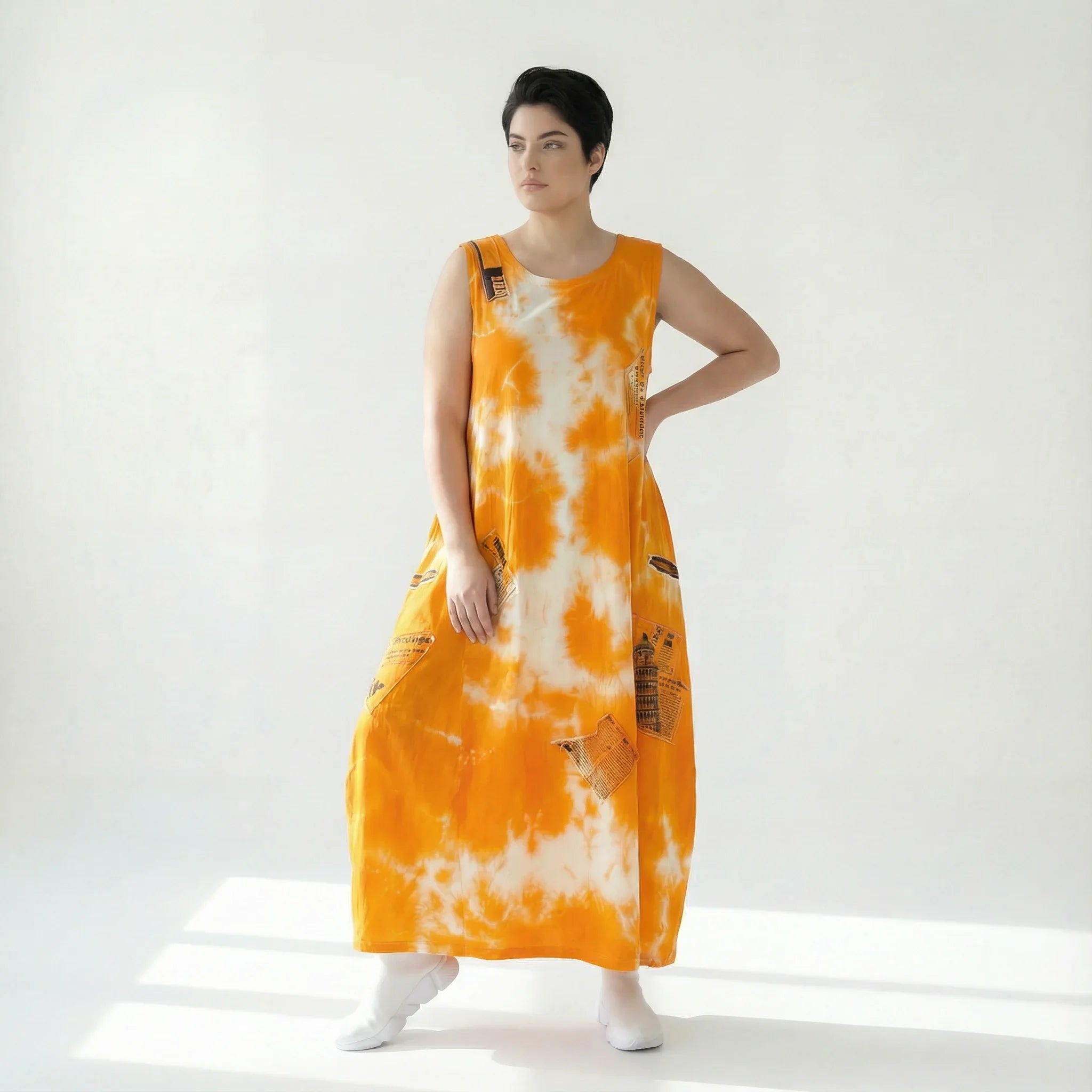 B-ONE Damen Batik Maxikleid Orange Weiß aus Baumwolle, Made in Türkei, Größen EU 36/46, Sommerkleid Avantgarde