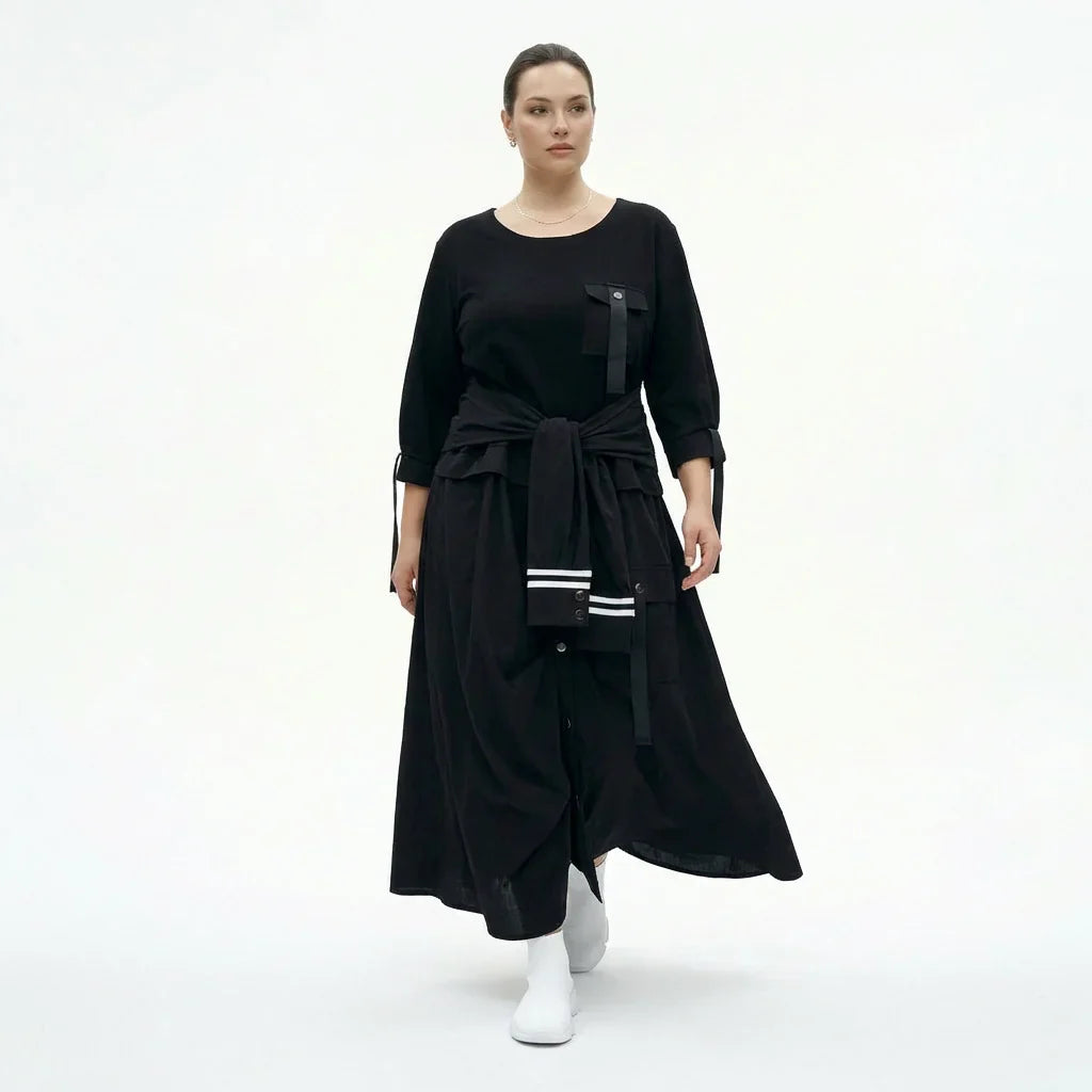 Schwarzes Damen Kleid in Oversize mit Utility-Taschen und Bindegürtel – Übergangslook EU 40 bis 46, leicht & stilvoll, Popeline Crash