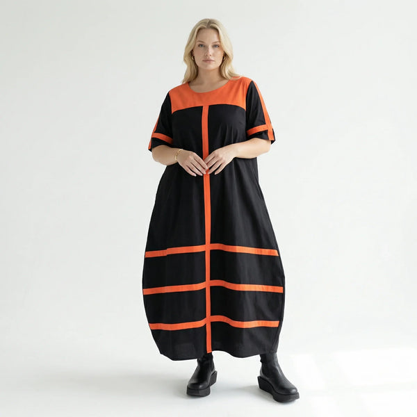 Cadrelli Damen Maxikleid schwarz rot, Avantgarde Oversize Kleid aus Viskose-Lycra, EU 42 bis 54