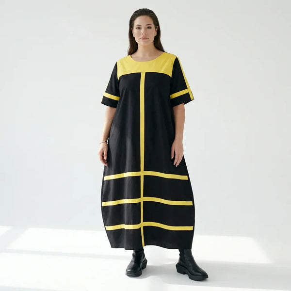 Cadrelli Damen Maxikleid schwarz gelb, Avantgarde Oversize Kleid aus Viskose-Lycra, EU 42 bis 54