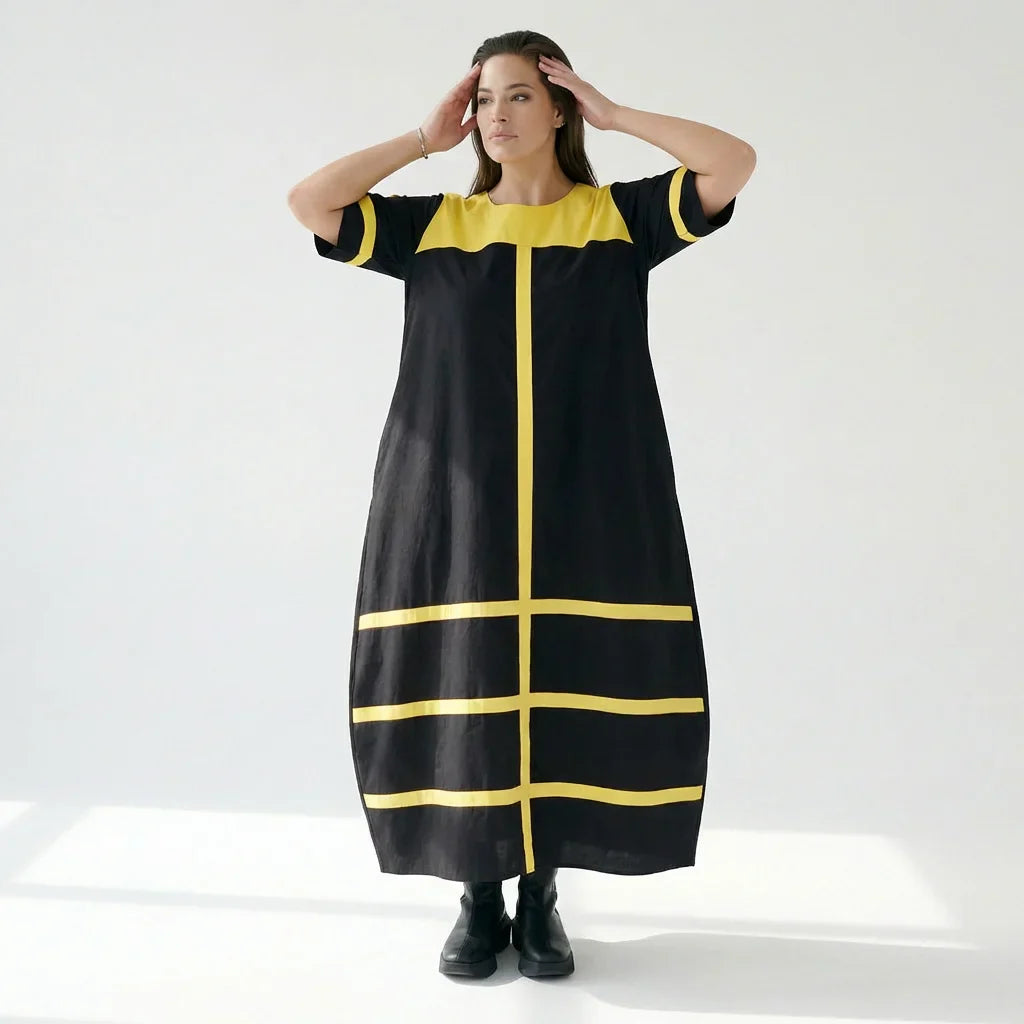 Cadrelli Damen Maxikleid schwarz gelb, Avantgarde Oversize Kleid aus Viskose-Lycra, EU 42 bis 54