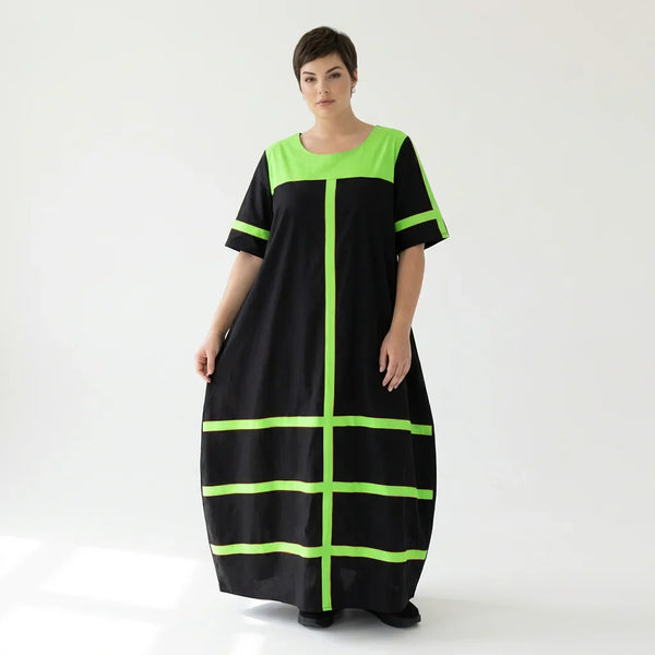 Cadrelli Damen Maxikleid schwarz neon-grün, Avantgarde Oversize Kleid aus Viskose-Lycra, EU 42 bis 54