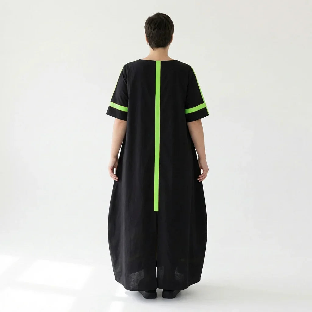 Cadrelli Damen Maxikleid schwarz neon-grün, Avantgarde Oversize Kleid aus Viskose-Lycra, EU 42 bis 54