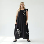 Damen Kleid schwarz LUANI Avantgarde Look mit Applikationen, Baumwollmix, EU 40 bis 48