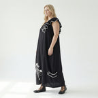 Damen Kleid schwarz LUANI Avantgarde Look mit Applikationen, Baumwollmix, EU 40 bis 48
