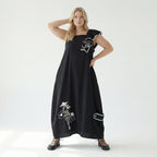 Damen Kleid schwarz LUANI Avantgarde Look mit Applikationen, Baumwollmix, EU 40 bis 48