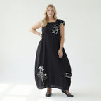 Damen Kleid schwarz LUANI Avantgarde Look mit Applikationen, Baumwollmix, EU 40 bis 48