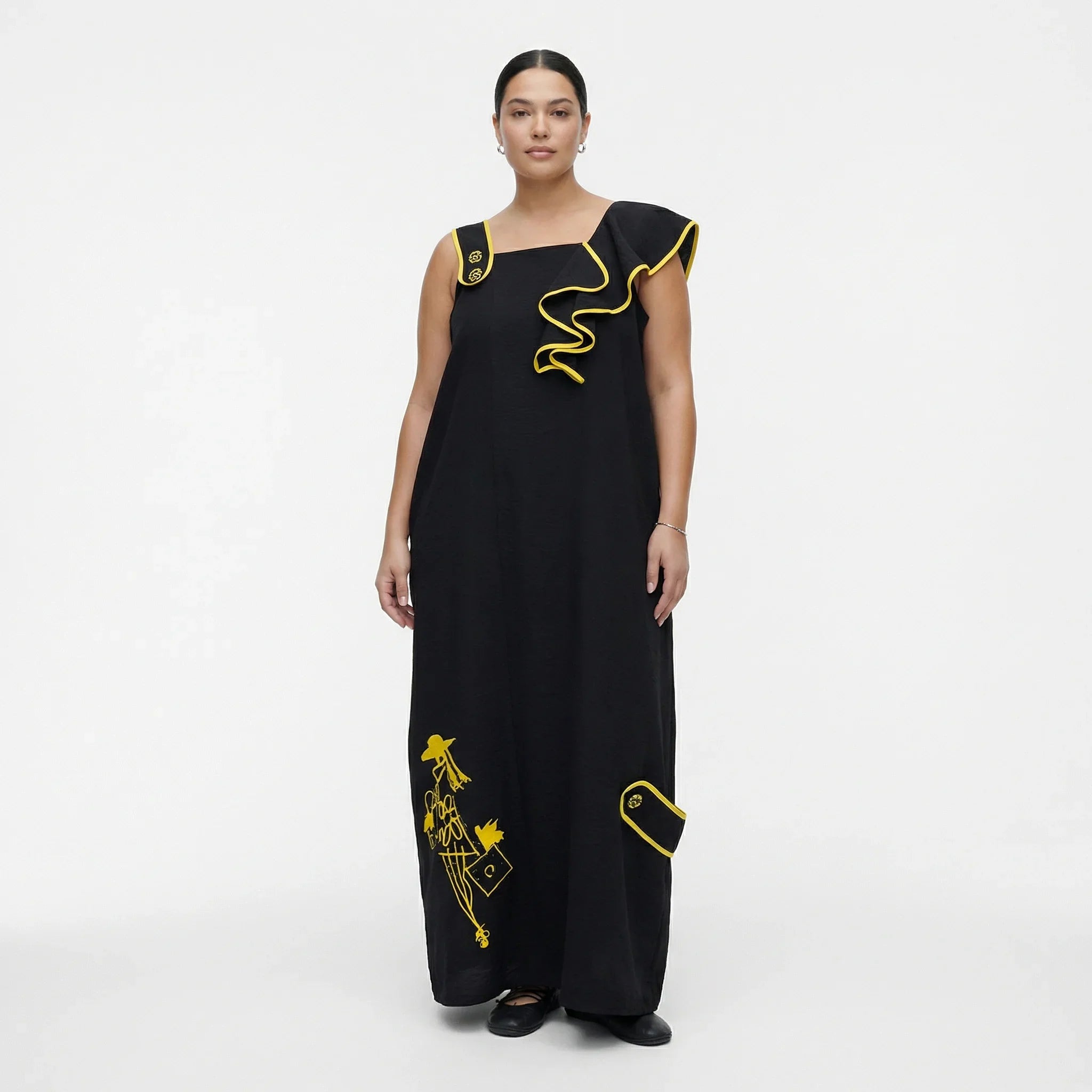 Damen Kleid schwarz-gelb LUANI Avantgarde Maxikleid aus Baumwolle, gelbe Details, EU 40 bis 48