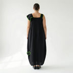 Damen Kleid schwarz-grün LUANI Avantgarde Maxikleid Baumwolle mit Stickerei, EU 40 bis 48