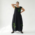 Damen Kleid schwarz-grün LUANI Avantgarde Maxikleid Baumwolle mit Stickerei, EU 40 bis 48
