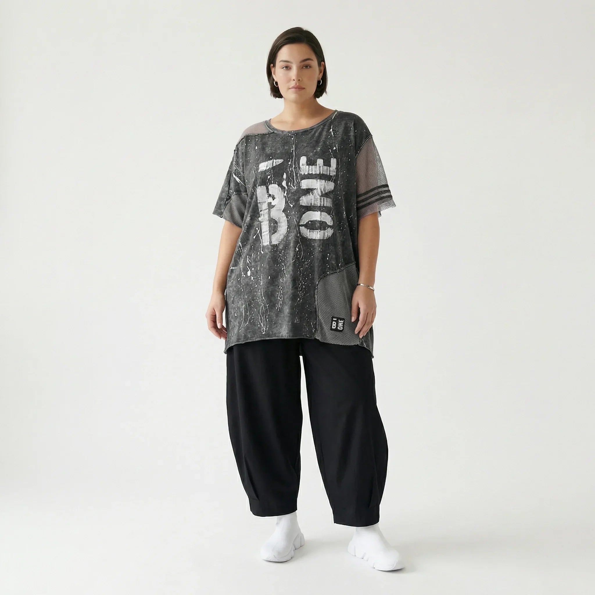 Tunika Damen Oversize B-ONE Grau Schwarz Print Mesh Jersey luftig stretch EU 38 bis 48 Lagenlook