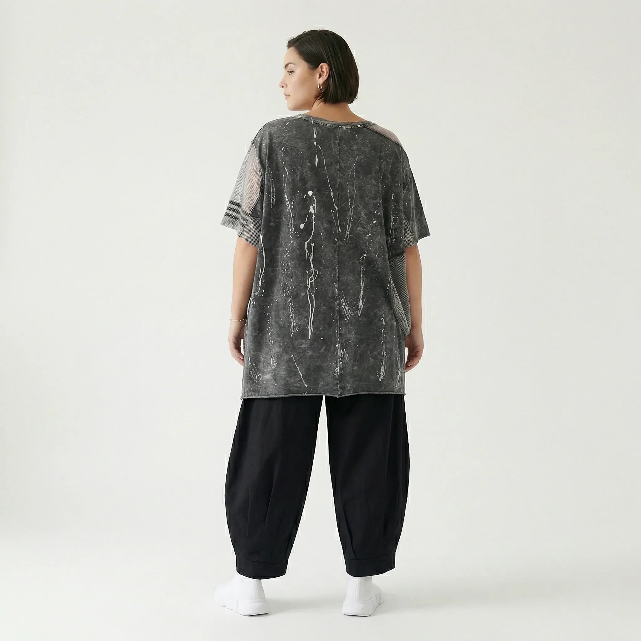 Tunika Damen Oversize B-ONE Grau Schwarz Print Mesh Jersey luftig stretch EU 38 bis 48 Lagenlook