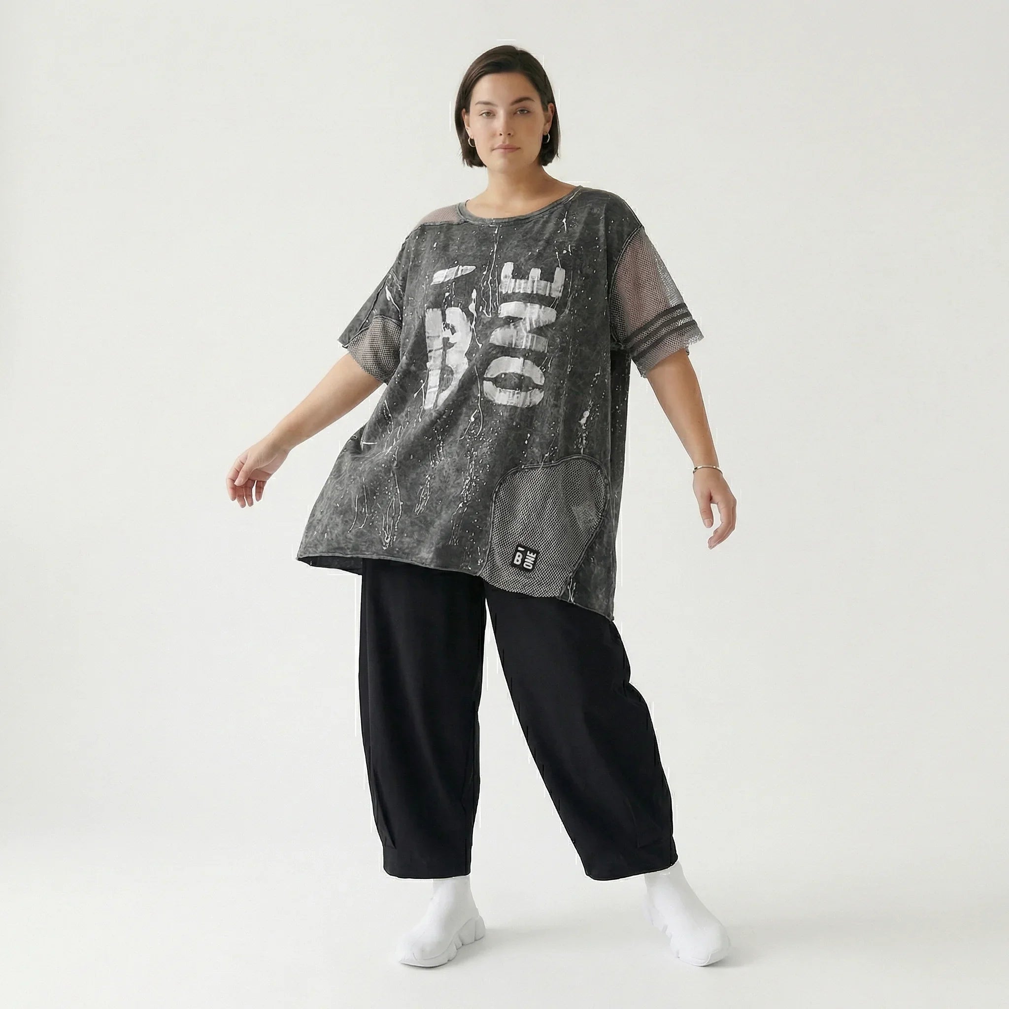 Tunika Damen Oversize B-ONE Grau Schwarz Print Mesh Jersey luftig stretch EU 38 bis 48 Lagenlook