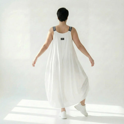 Damen Kleid Lagenlook Baumwolle Weiß, Ballonschnitt, ärmellos, Tunnelzug, Oversize große Größen – Bukezy