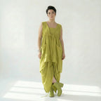Caraclan Damen Kleid Chartreuse Viskose Baumwolle, Oversized Ballonschnitt, EU 38 bis 50 – Avantgarde Sommerkleid