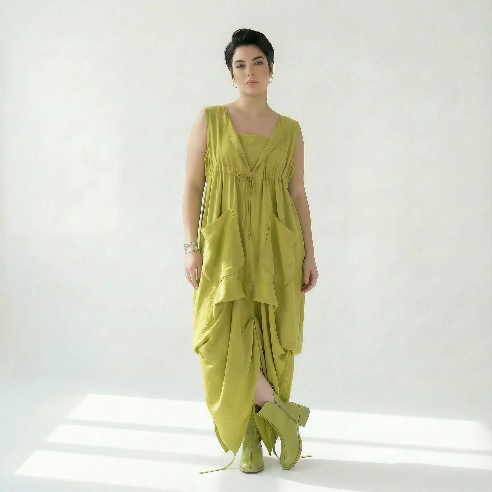 Caraclan Damen Kleid Chartreuse Viskose Baumwolle, Oversized Ballonschnitt, EU 38 bis 50 – Avantgarde Sommerkleid