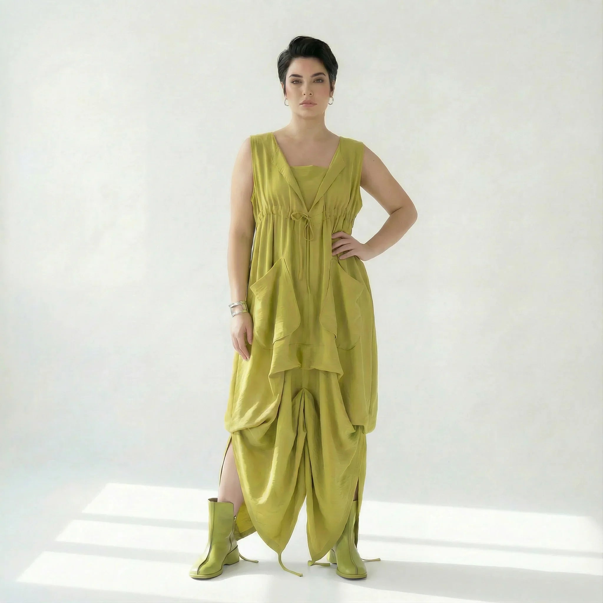 Caraclan Damen Kleid Chartreuse Viskose Baumwolle, Oversized Ballonschnitt, EU 38 bis 50 – Avantgarde Sommerkleid