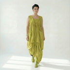 Caraclan Damen Kleid Chartreuse Viskose Baumwolle, Oversized Ballonschnitt, EU 38 bis 50 – Avantgarde Sommerkleid