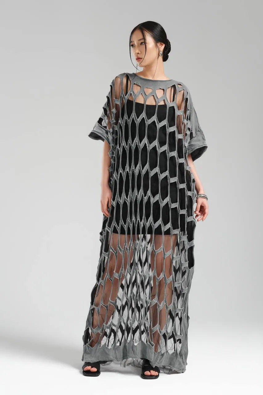  TW3 Kleid in gerader Form, aus Baumwolle, 1539, Grau, Ausgefallen, Zeitlos, Schick