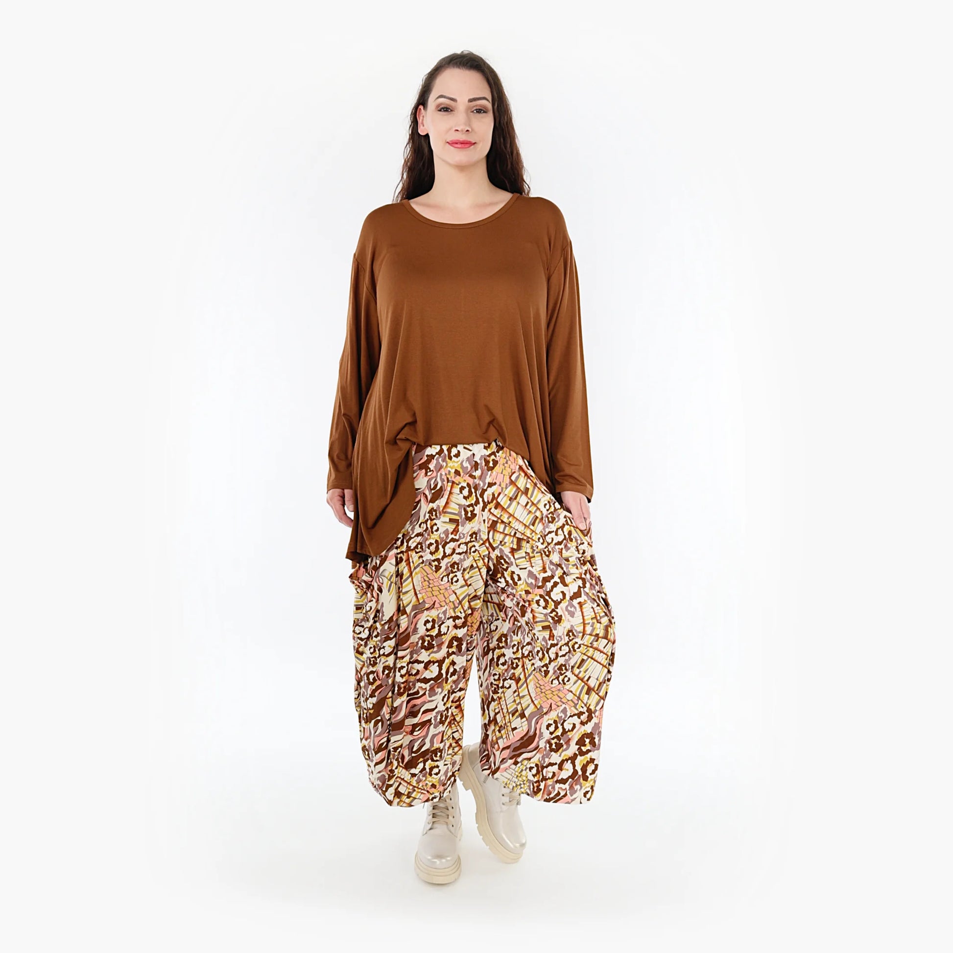 Ballonhose von AKH Fashion aus Viskose, 1355.08069, Cognac-Rose-Weiß, Muster, Ausgefallen