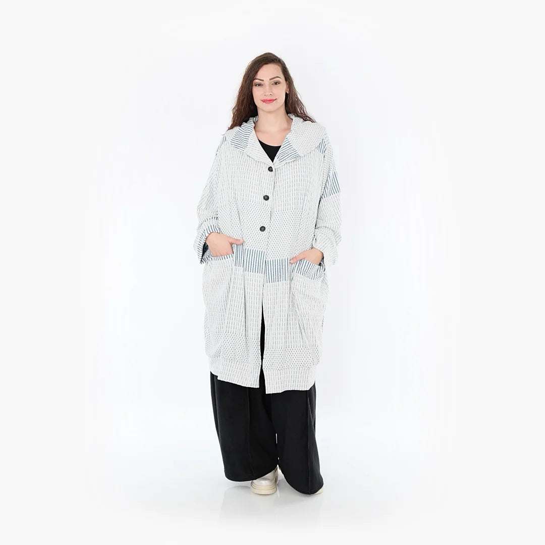 Ballonmantel von AKH Fashion aus Viskose, 1377.06518, Blau-Ecru, Gerippt, Schick, Modern
