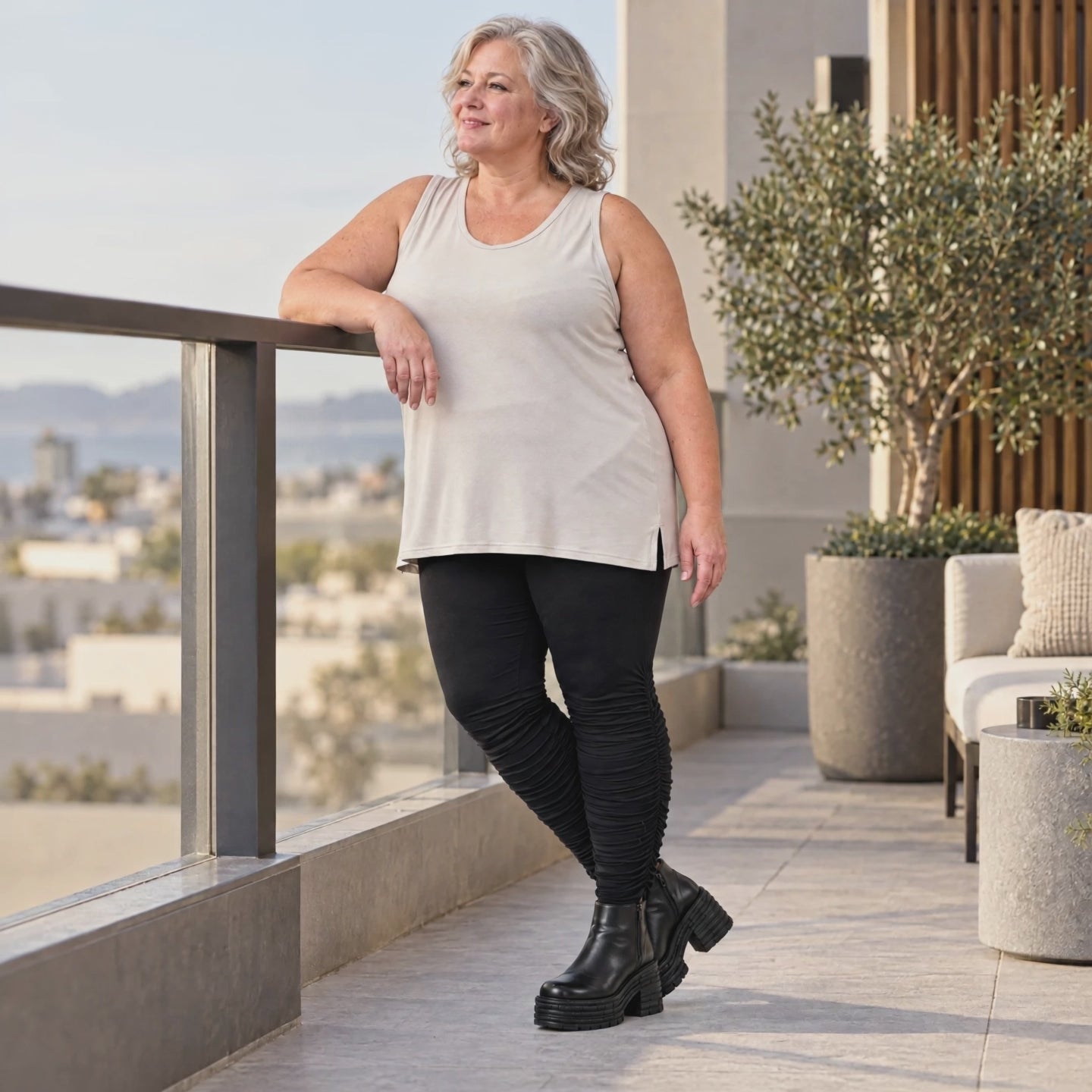 Ärmelloses Basic Top aus weichem Modal mit Stretch in Beige mit seitlichen Schlitzen