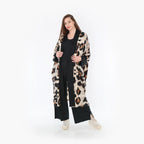 Viskosejacke in Beigeschwarzbraun mit Leomuster geradem Schnitt Kragen und Taschen offen