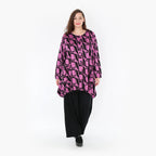 A-Form Jacke aus Viskose Romanit Jersey mit schwarzfuchsia Grafikdesign Rundhals Taschen