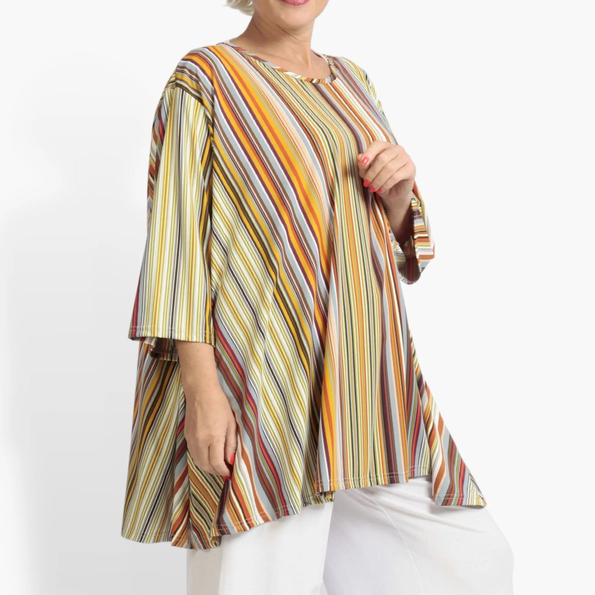  A-Form Shirt in elegantem Cognac mit vertikalen Streifen, perfekt für Plus Size und Lagenlooks