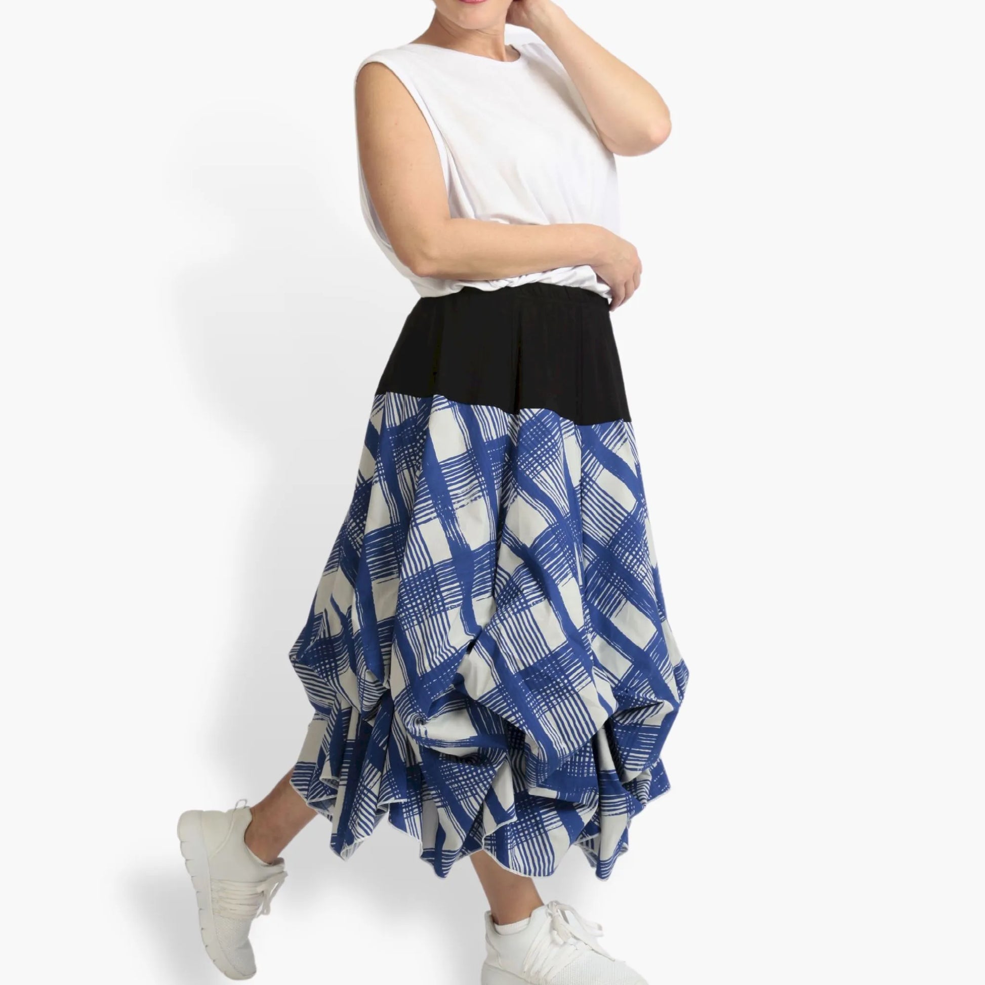  Vielseitiger Ballonrock in Blau-Grau mit elastischem Bund und verstellbarer Länge für Plus Size Fashion