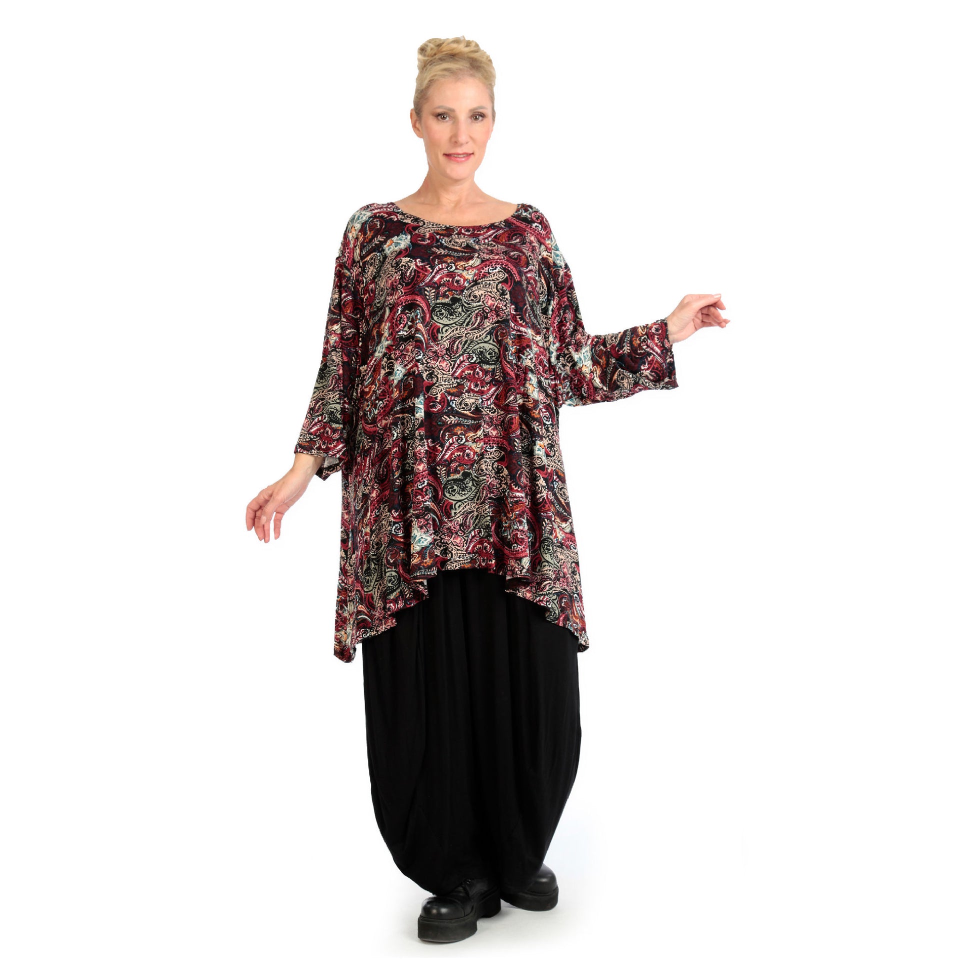  A-Form Shirt in rotem Paisley-Druck mit 7/8-Ärmeln für lässige Plus Size Outfits