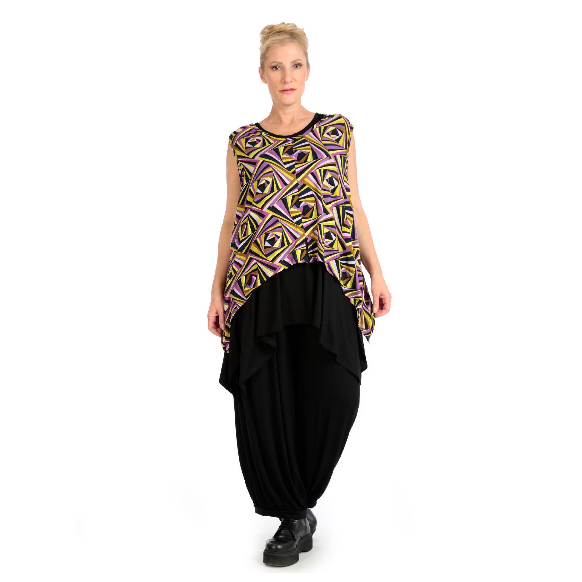  Zipfel Top von AKH Fashion aus Viskose, 1123.00428, Lila-Gelb-Flieder, Grafik, Ausgefallen