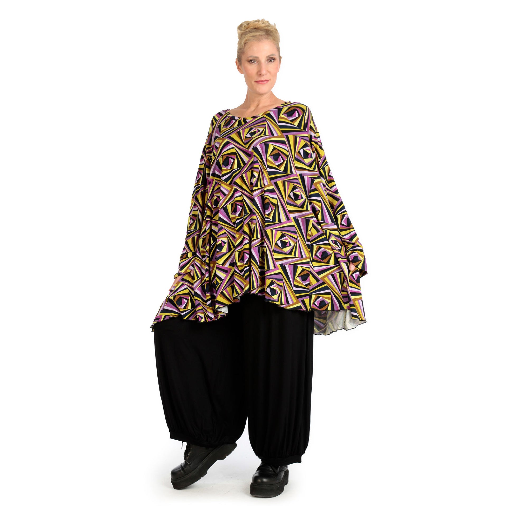  A-Form Bigshirt von AKH Fashion aus Viskose, 1123.00593, Lila-Gelb-Flieder, Schick, Modern