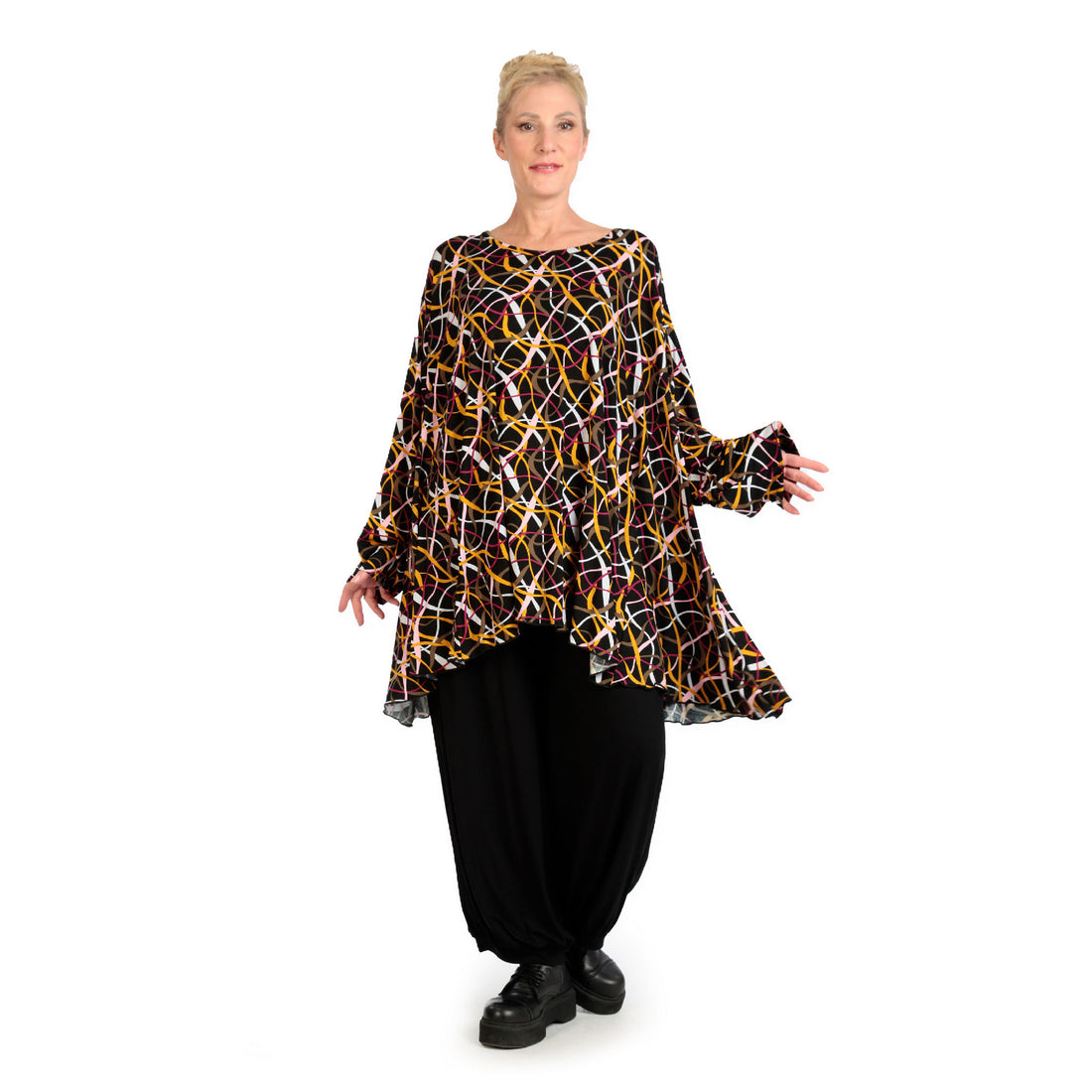  A-Form Bigshirt von AKH Fashion aus Viskose, 1127.00593, Schwarz-Gelb-Weiß, Schick, Modern