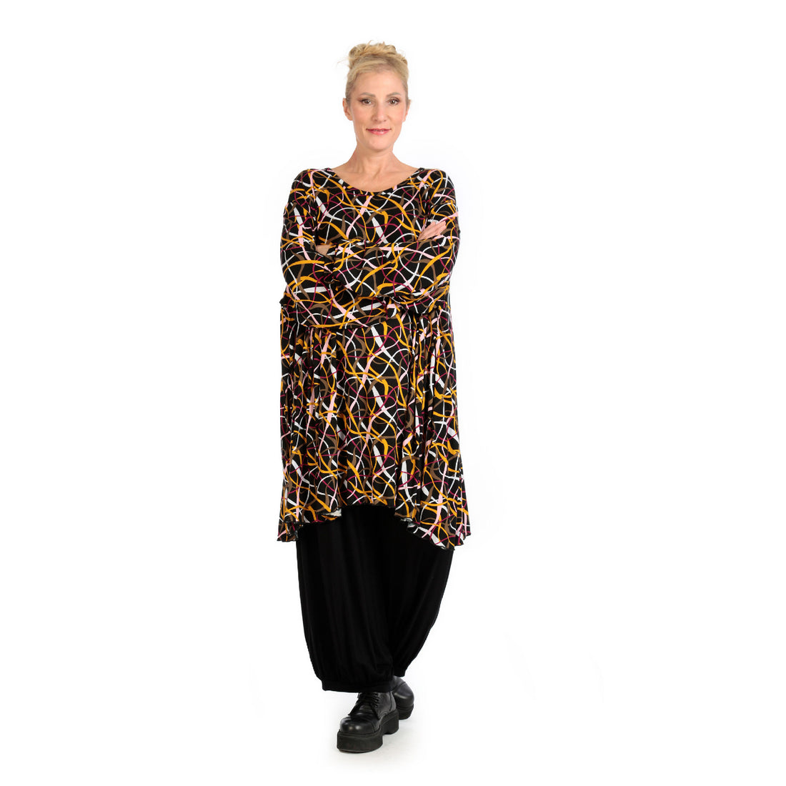  A-Form Bigshirt von AKH Fashion aus Viskose, 1127.06866, Schwarz-Gelb-Weiß, Schick, Modern