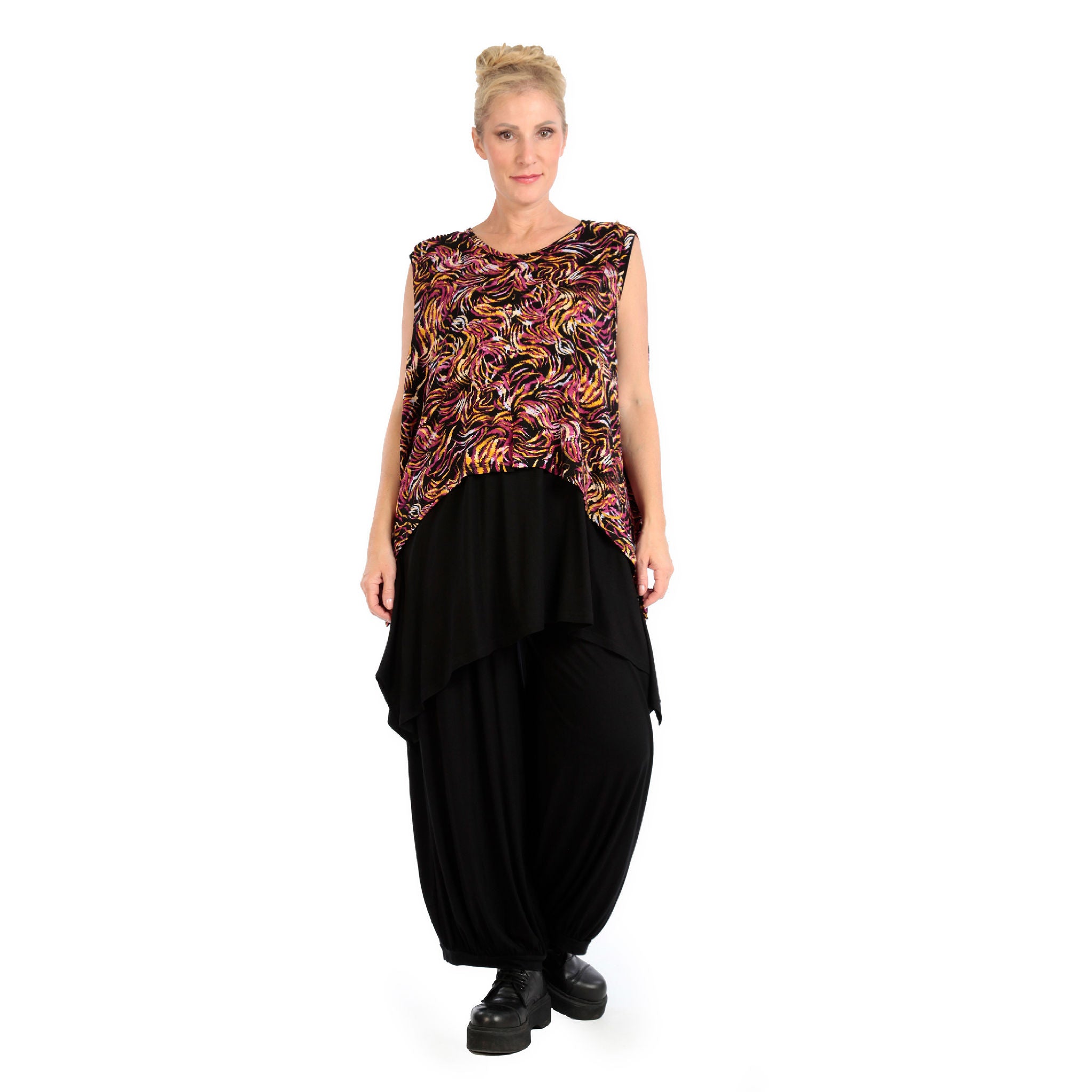  Zipfel Top von AKH Fashion aus Viskose, 1130.00428, Schwarz-Fuchsia-Gelb, Pinselstrich