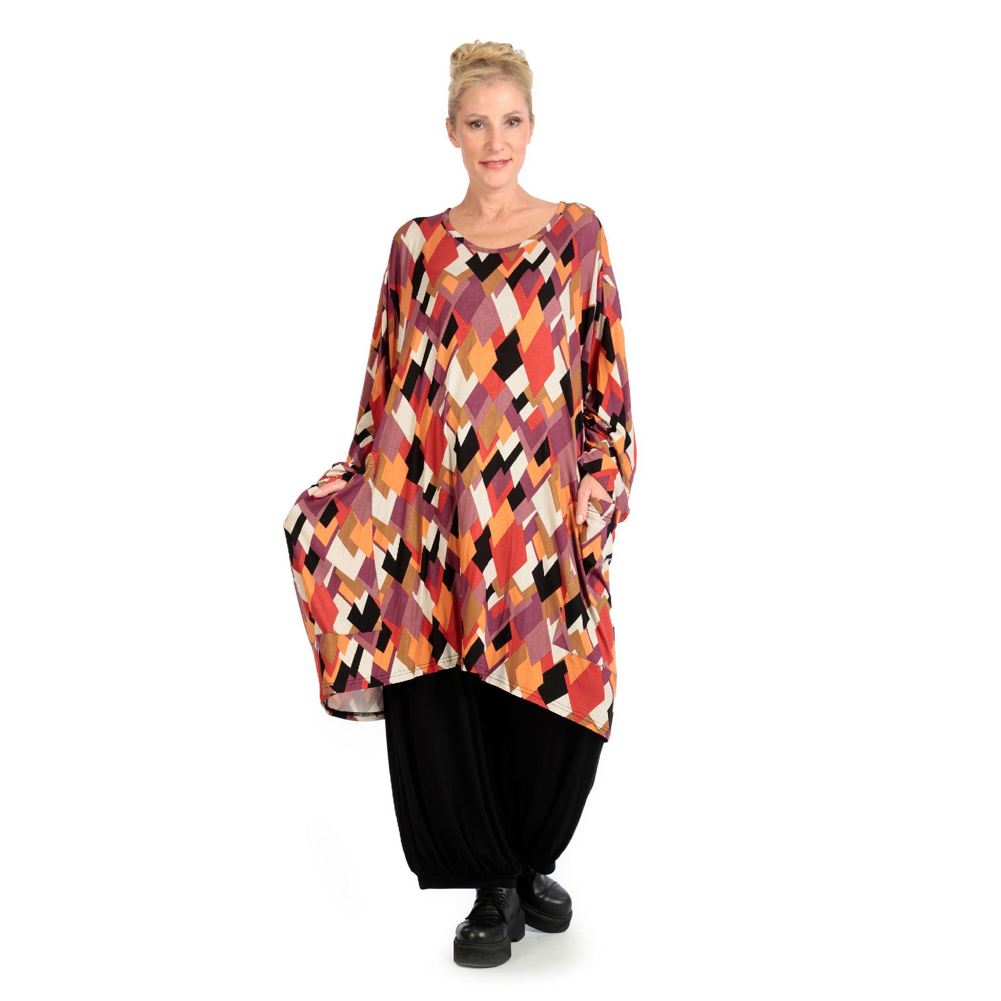  BallonBigshirt von AKH Fashion aus Viskose, 1131.06660, Schwarz-Flieder-Orange, Ausgefallen