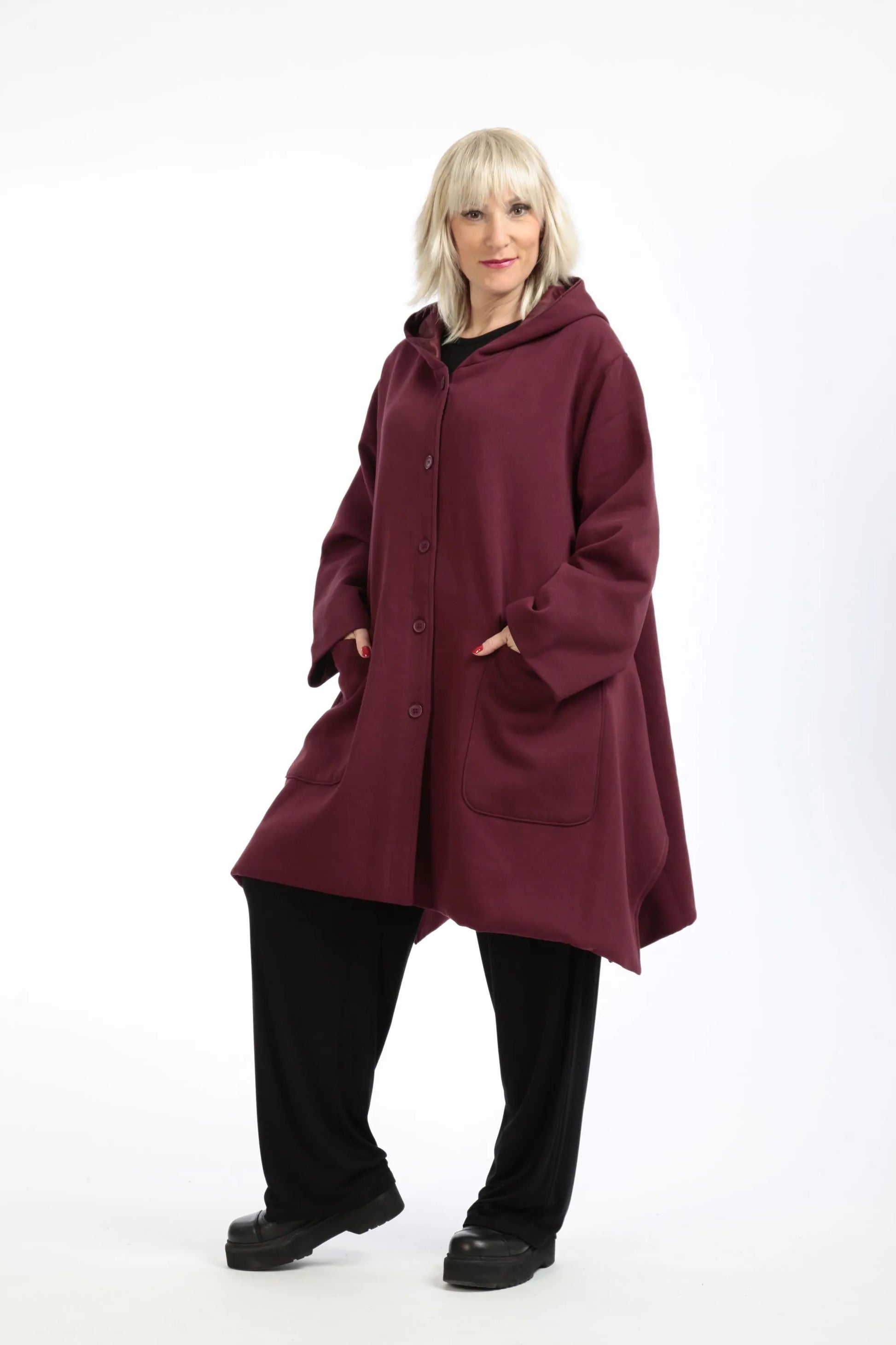  Kuschelige A-Form Jacke in Weinrot aus weichem Baumwoll-Fleece für stilvollen Plus Size Look