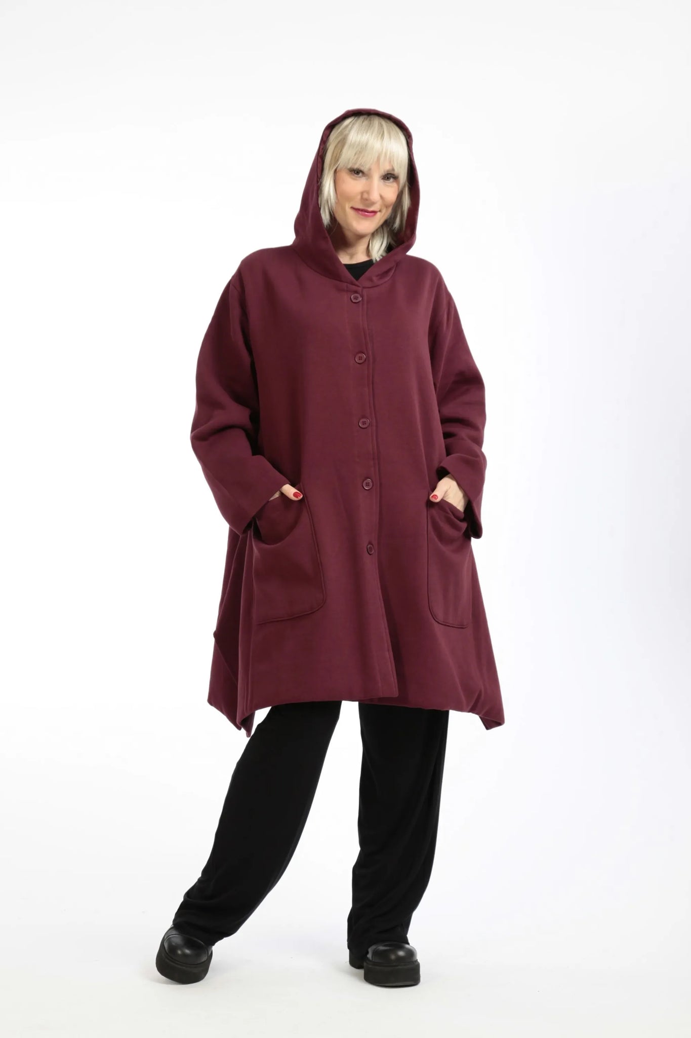  Kuschelige A-Form Jacke in Weinrot aus weichem Baumwoll-Fleece für stilvollen Plus Size Look