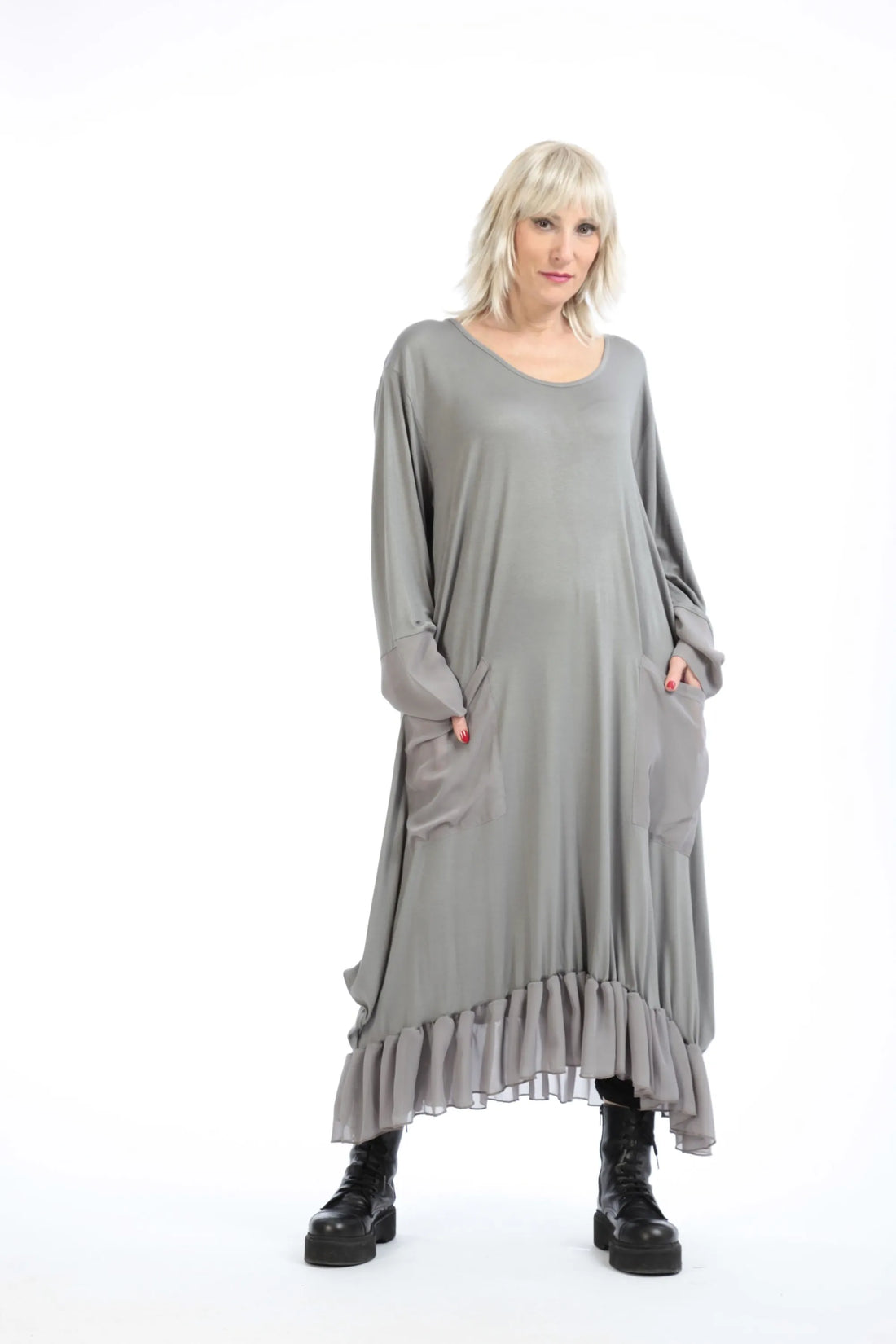  Elegantes A-Form Kleid mit Chiffon-Besätzen, langen Ärmeln und praktischen Taschen in Oversize für Plus Size