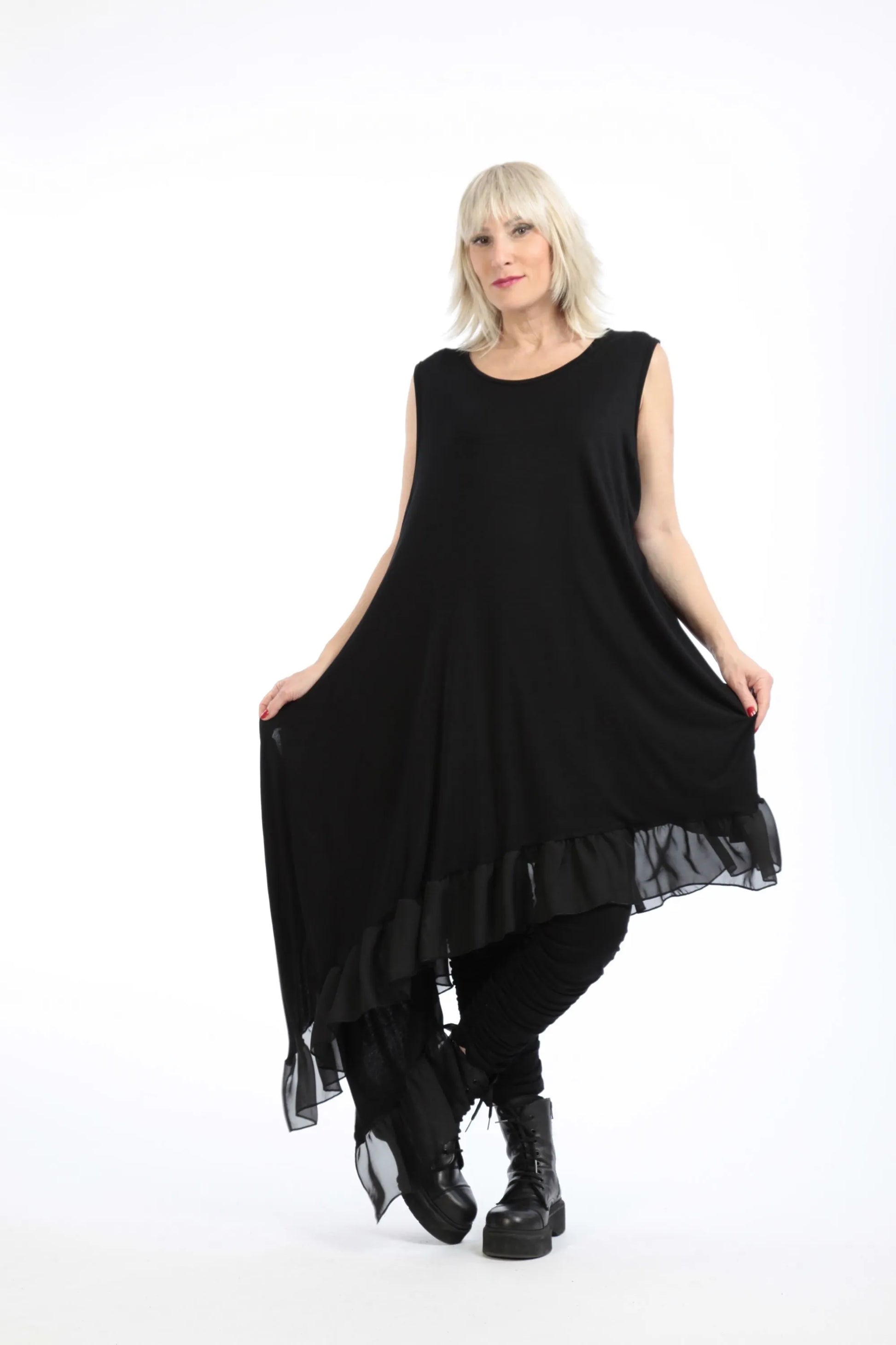  Asymmetrische Tunika aus hochwertigem Viskose-Jersey mit Chiffon-Besatz für Plus Size Fashion