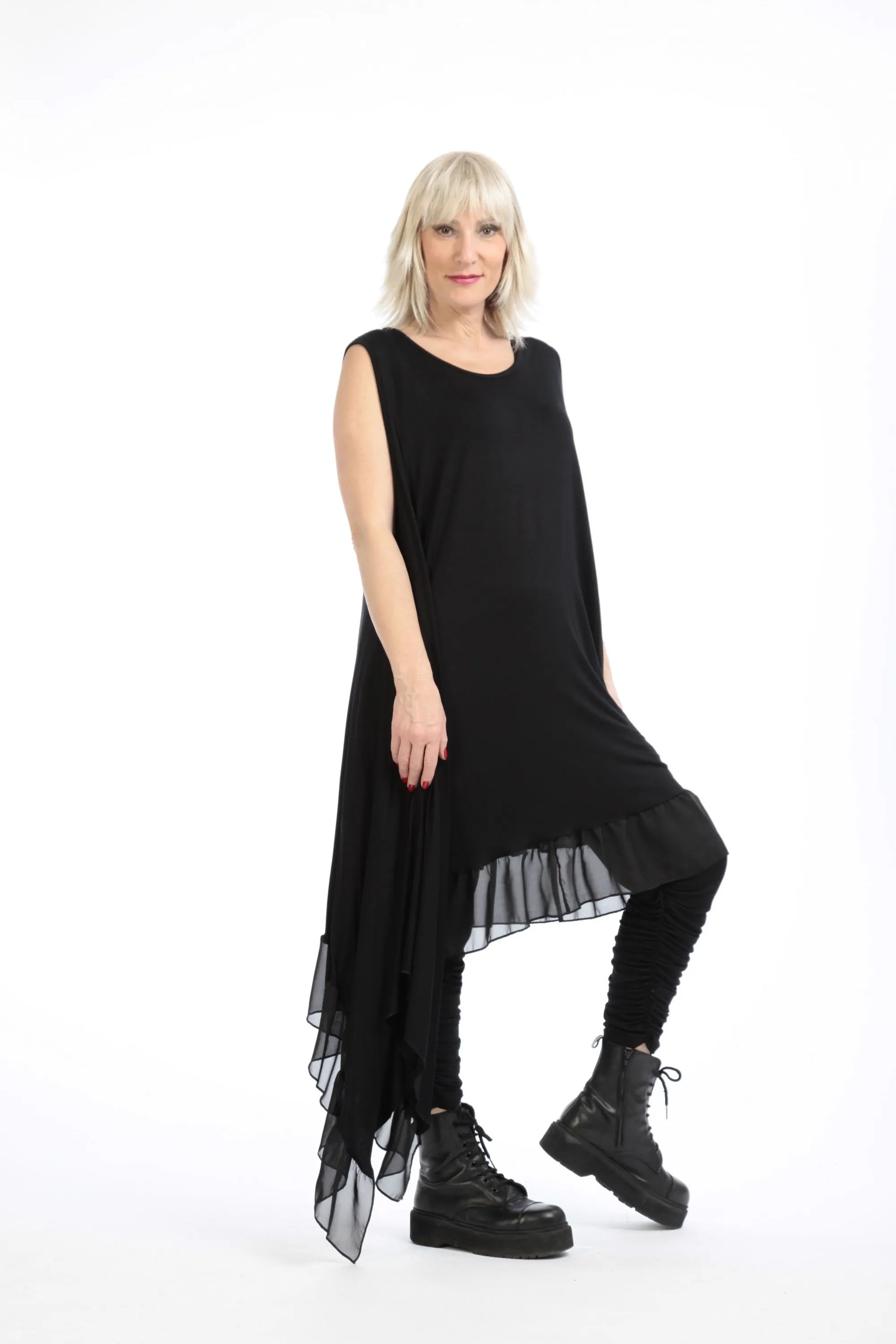  Asymmetrische Tunika aus hochwertigem Viskose-Jersey mit Chiffon-Besatz für Plus Size Fashion