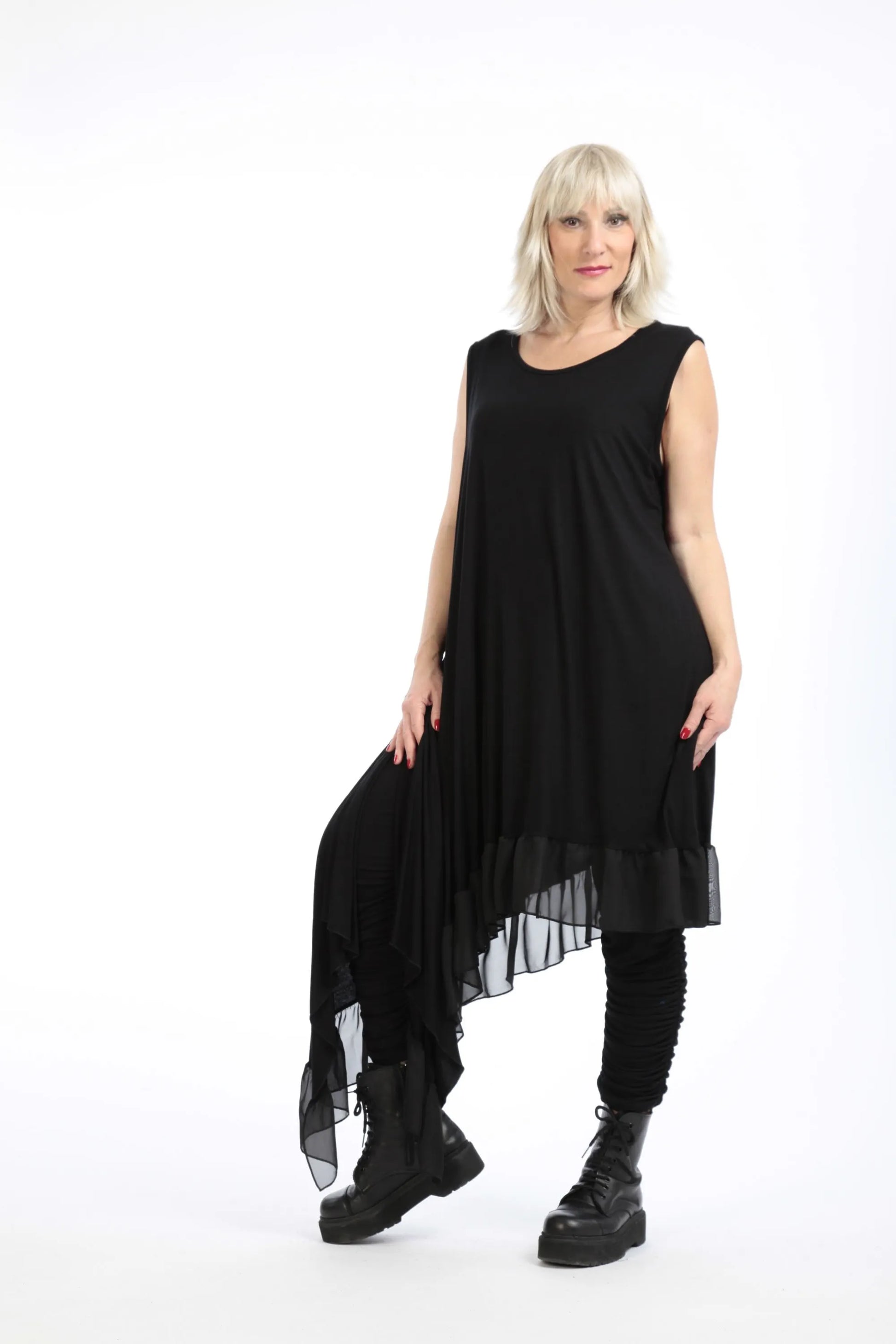  Asymmetrische Tunika aus hochwertigem Viskose-Jersey mit Chiffon-Besatz für Plus Size Fashion