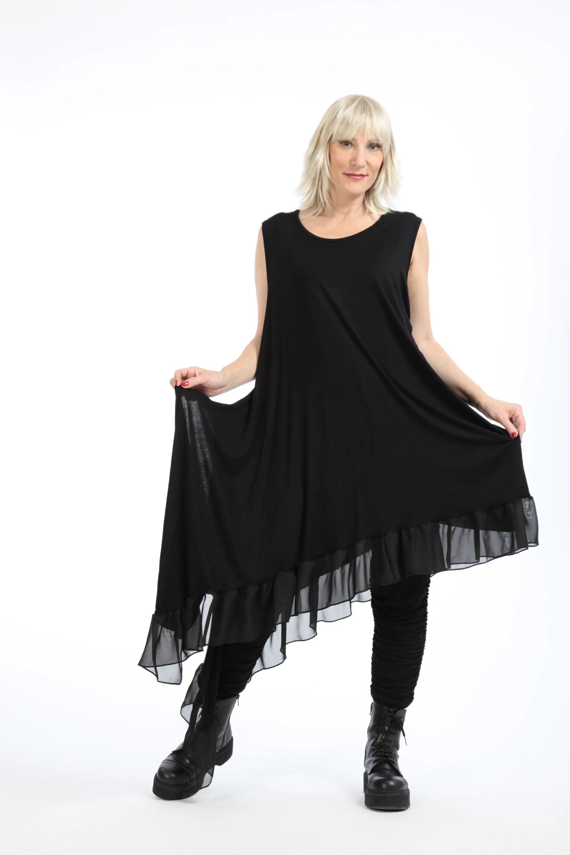  Asymmetrische Tunika aus hochwertigem Viskose-Jersey mit Chiffon-Besatz für Plus Size Fashion